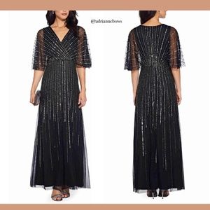 NWT Adrianna Papell Sequin V Neck‎ Flutter Gown 4